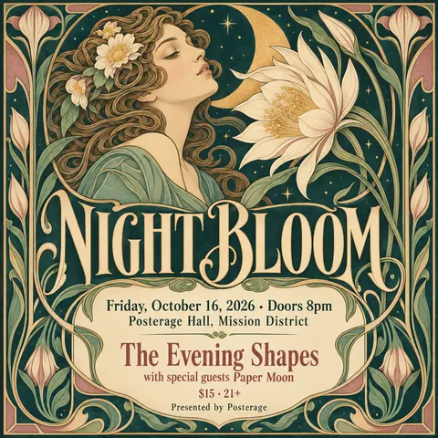 Art Nouveau style social post for a fictional post: Night Bloom