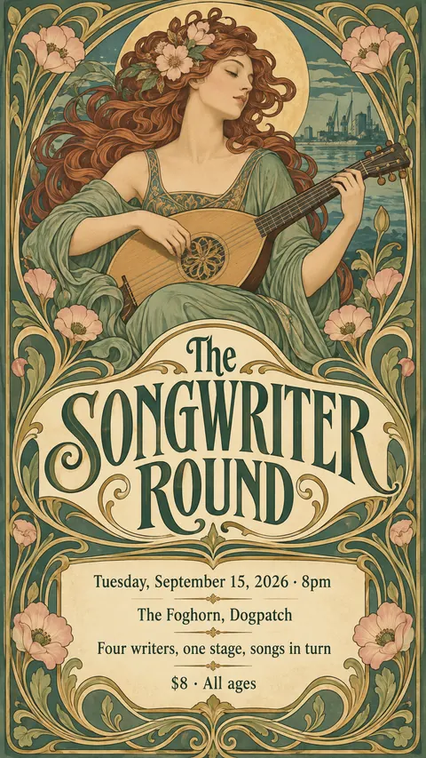 Art Nouveau style social post for a fictional story: The Songwriter Round