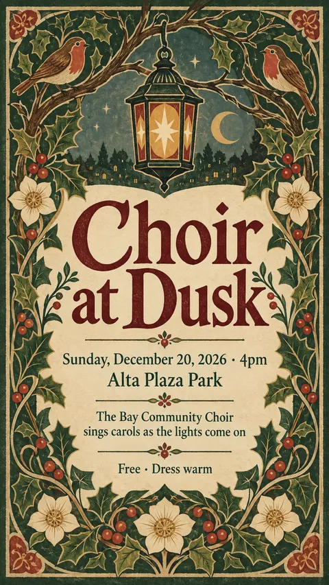 Arts and Crafts style social post for a fictional story: Choir at Dusk