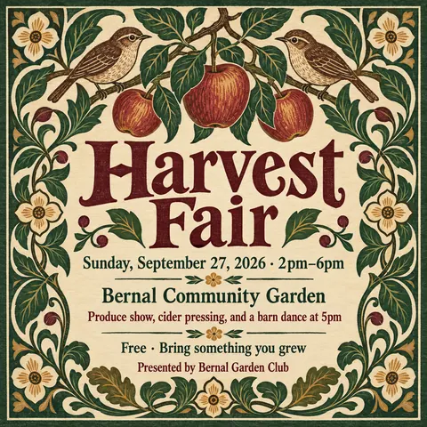 Arts and Crafts style social post for a fictional post: Harvest Fair