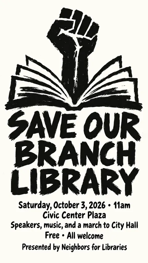 Atelier Populaire / Paris May 1968 style social post for a fictional story: Save Our Branch Library