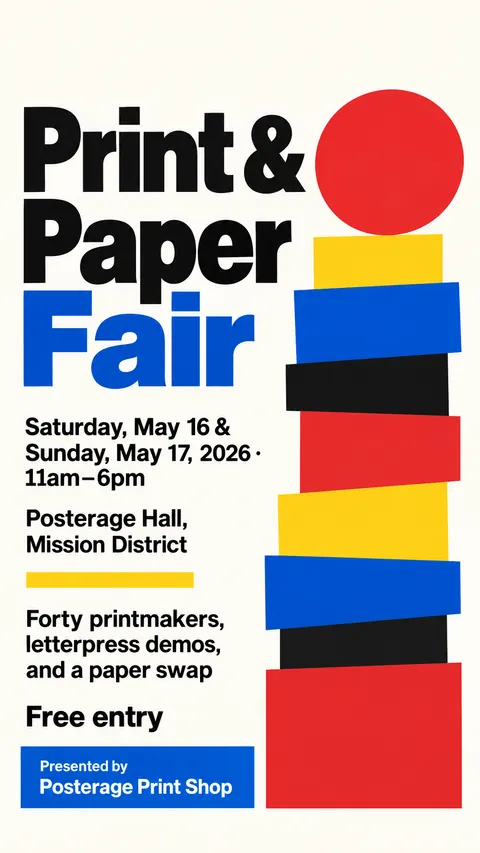 Bauhaus style social post for a fictional story: Print & Paper Fair