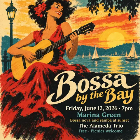 Belle Époque Lithograph style social post for a fictional post: Bossa by the Bay