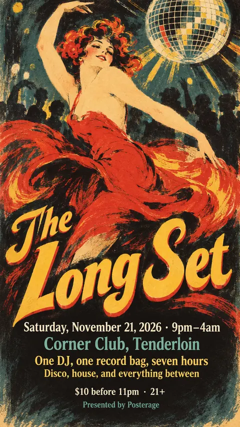 Belle Époque Lithograph style social post for a fictional story: The Long Set