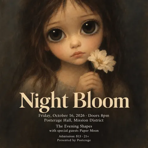 Big Eyes / Keane Waif style social post for a fictional post: Night Bloom