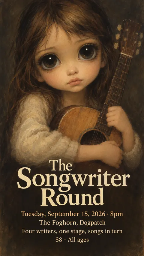 Big Eyes / Keane Waif style social post for a fictional story: The Songwriter Round