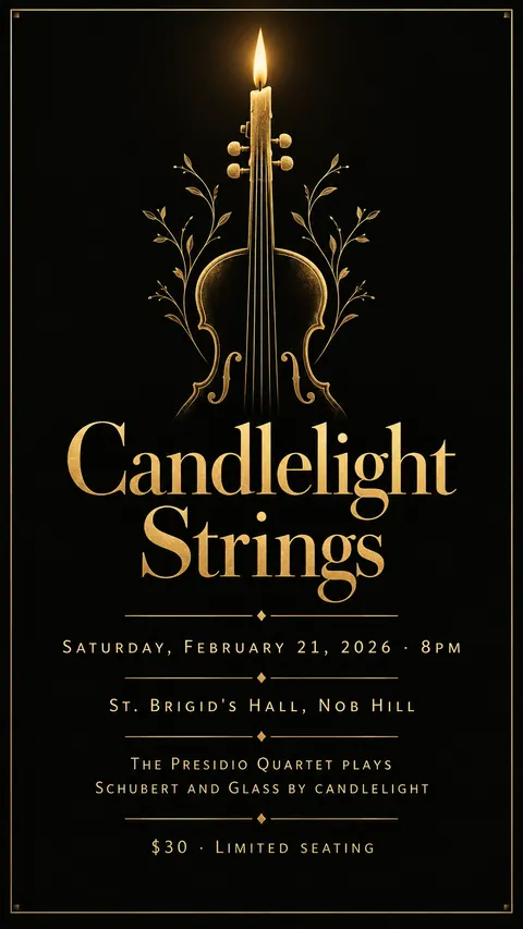 Black and Gold style social post for a fictional story: Candlelight Strings