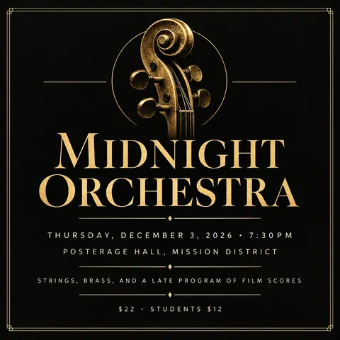 Black and Gold style social post for a fictional post: Midnight Orchestra