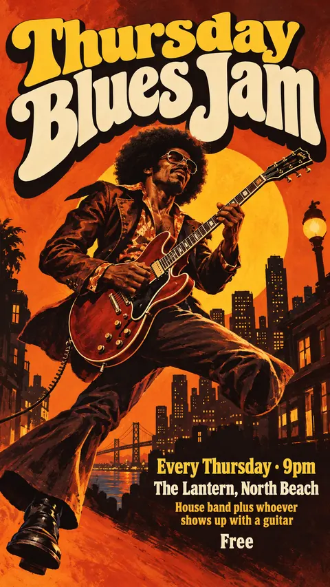 Blaxploitation Movie Poster style social post for a fictional story: Thursday Blues Jam