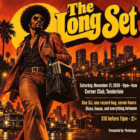 Blaxploitation Movie Poster style social post for a fictional post: The Long Set