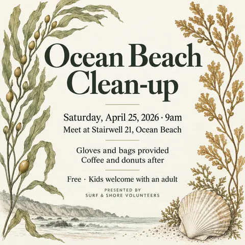 Botanical illustration style social post for a fictional post: Ocean Beach Clean-up
