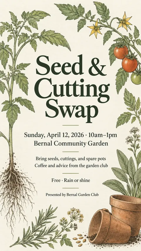 Botanical illustration style social post for a fictional story: Seed & Cutting Swap