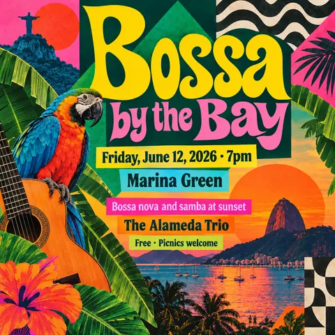 Brazilian Tropicália style social post for a fictional post: Bossa by the Bay