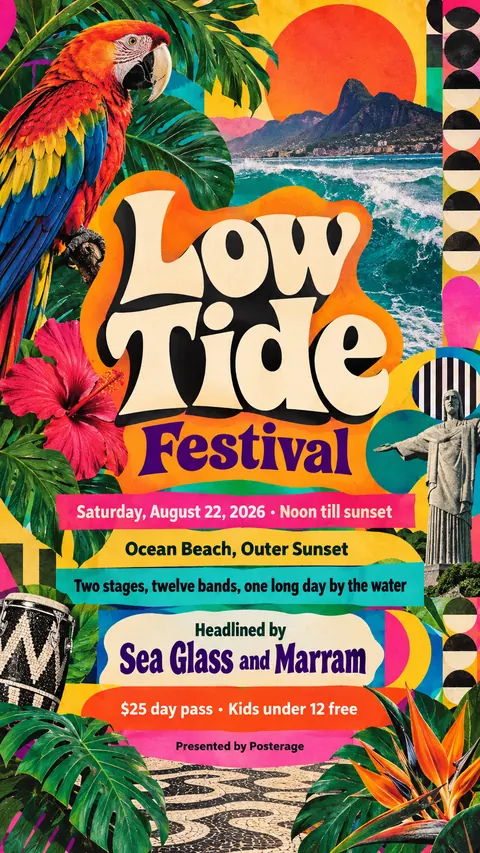 Brazilian Tropicália style social post for a fictional story: Low Tide Festival