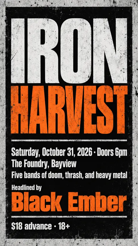 Brutalist Graphic Design style social post for a fictional story: Iron Harvest