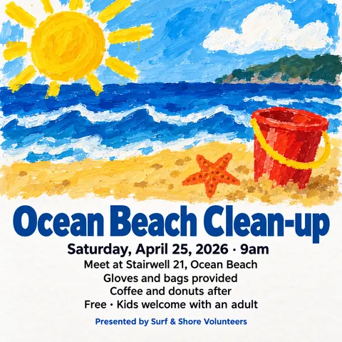 Child Poster Paint + Pro Typography style social post for a fictional post: Ocean Beach Clean-up