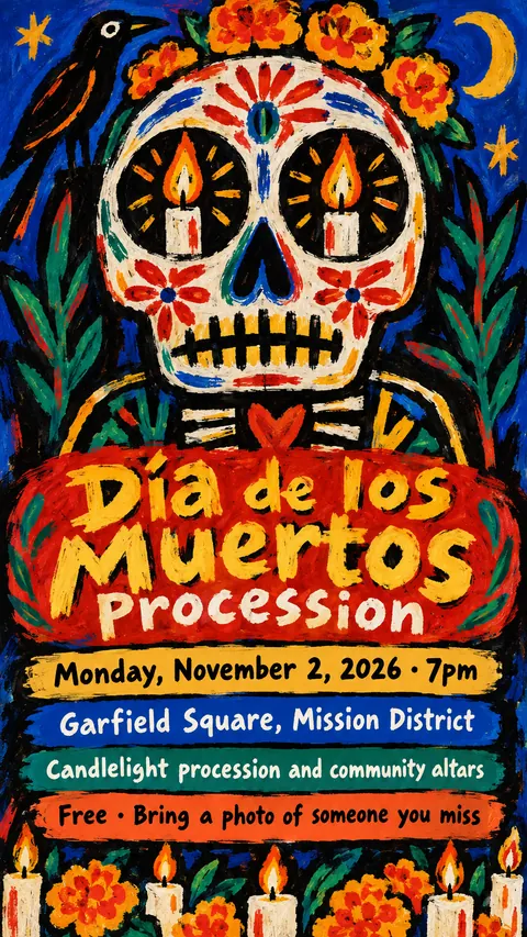 CoBrA style social post for a fictional story: Día de los Muertos Procession