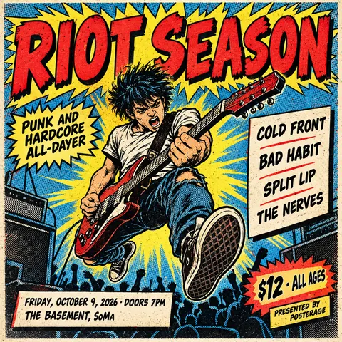 Comic Book style social post for a fictional post: Riot Season