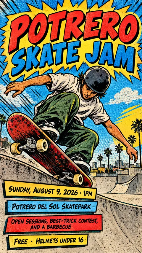 Comic Book style social post for a fictional story: Potrero Skate Jam