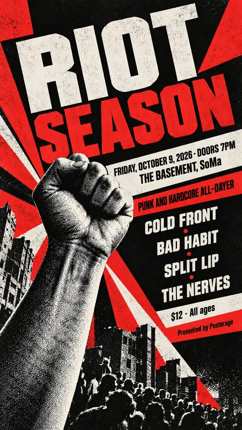 Constructivist style social post for a fictional story: Riot Season