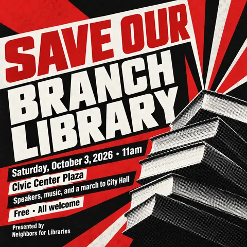 Constructivist style social post for a fictional post: Save Our Branch Library