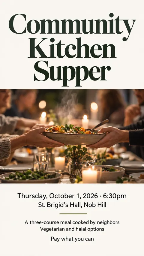 Contemporary Editorial style social post for a fictional story: Community Kitchen Supper