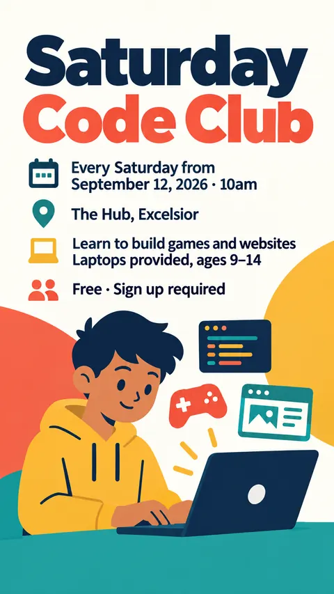 Contemporary Flat Illustration style social post for a fictional story: Saturday Code Club