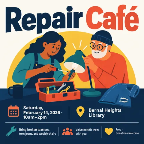 Contemporary Flat Illustration style social post for a fictional post: Repair Café