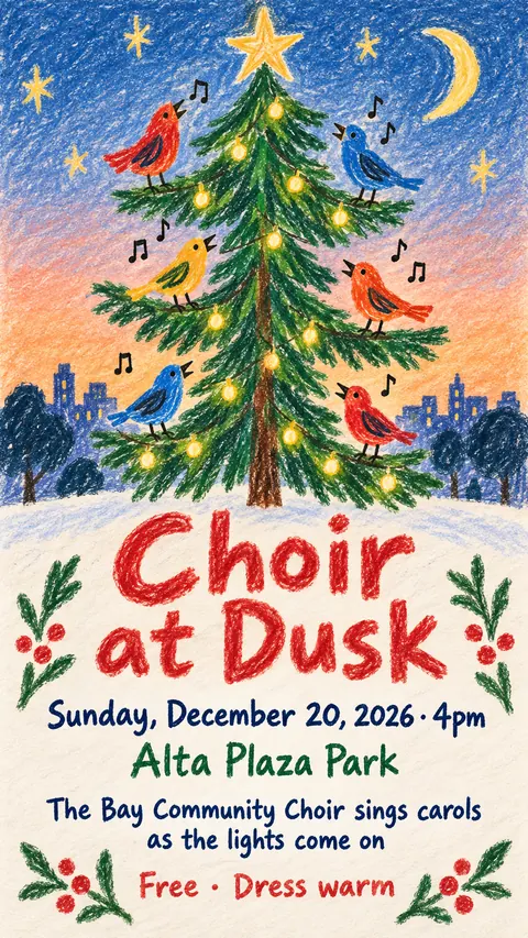 Crayon Folk Handmade style social post for a fictional story: Choir at Dusk