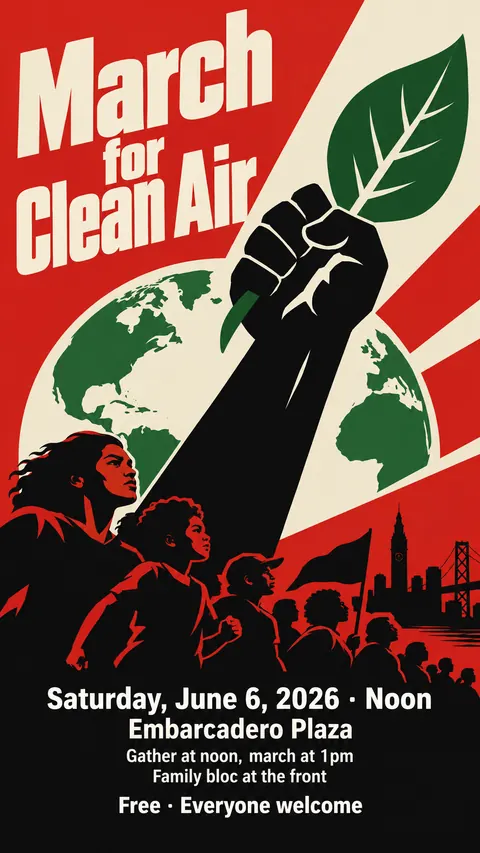 Cuban OSPAAAL Revolutionary style social post for a fictional story: March for Clean Air