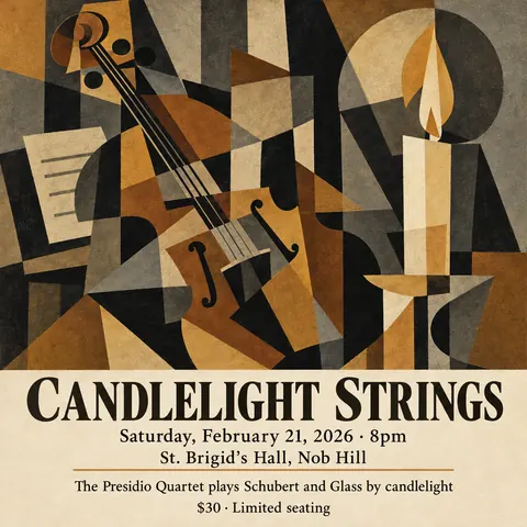 Cubist Exhibition Poster (1940s framing (Cubism 1907–1920s)) style social post for a fictional post: Candlelight Strings