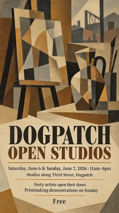 Cubist Exhibition Poster (1940s framing (Cubism 1907–1920s)) style social post for a fictional story: Dogpatch Open Studios