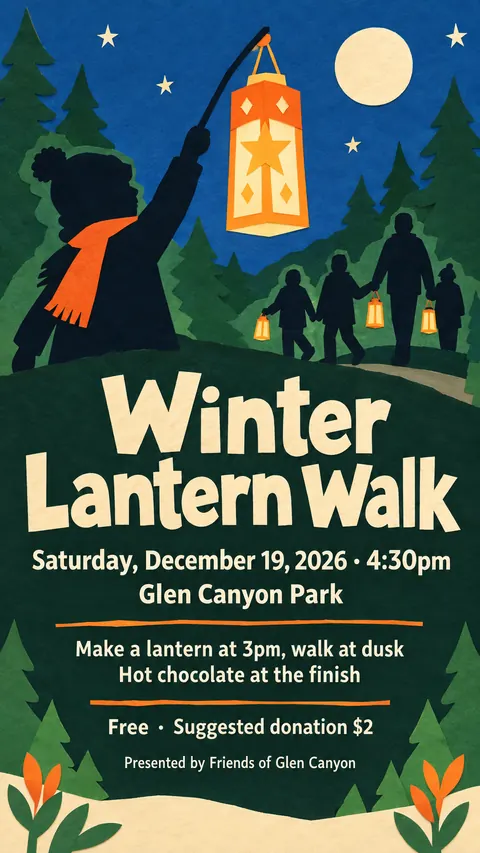 Cut paper style social post for a fictional story: Winter Lantern Walk