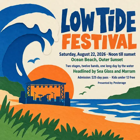 Cut paper style social post for a fictional post: Low Tide Festival