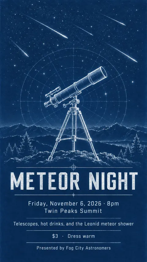 Cyanotype / Blueprint style social post for a fictional story: Meteor Night