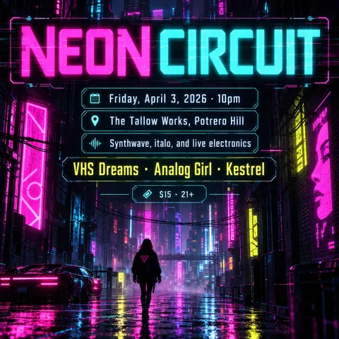 Cyberpunk style social post for a fictional post: Neon Circuit