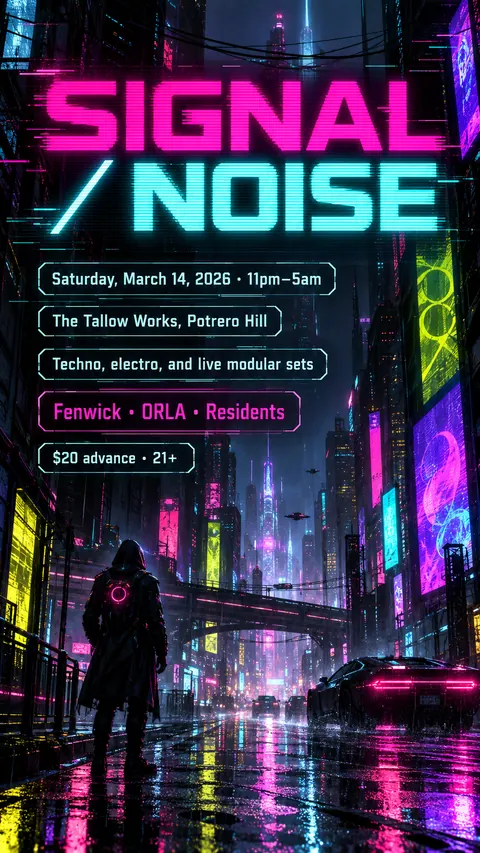 Cyberpunk style social post for a fictional story: Signal / Noise
