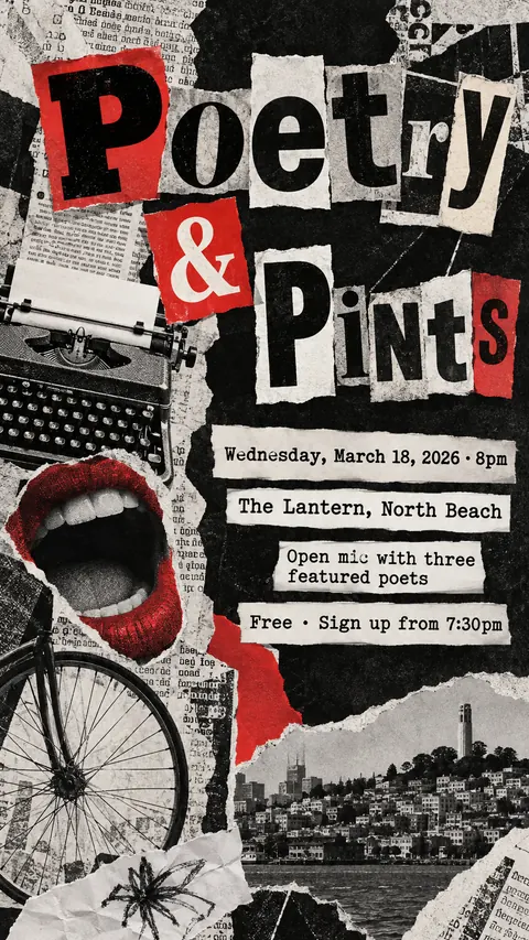Dada Collage style social post for a fictional story: Poetry & Pints