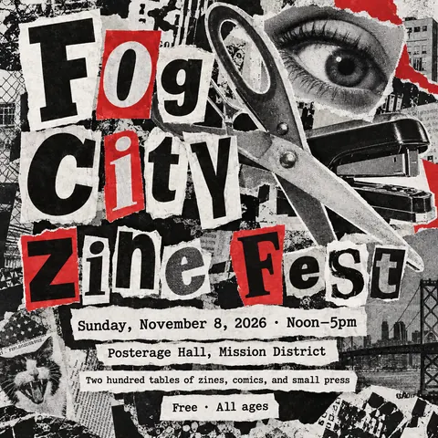 Dada Collage style social post for a fictional post: Fog City Zine Fest