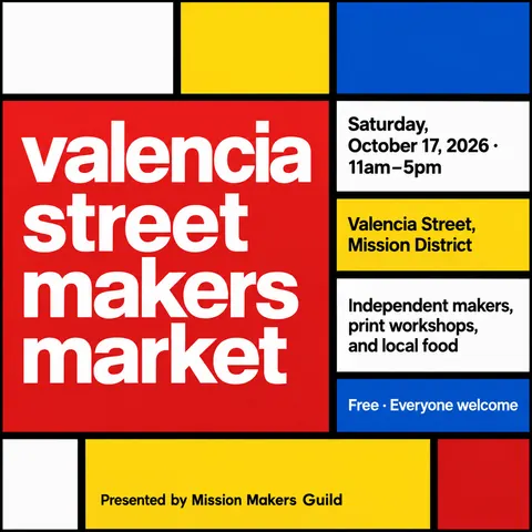 De Stijl style social post for a fictional post: Valencia Street Makers Market