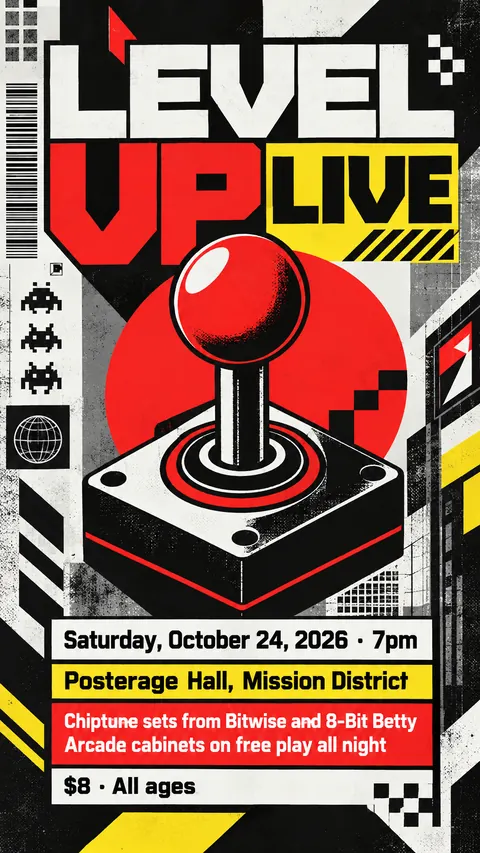 Designers Republic style social post for a fictional story: Level Up Live