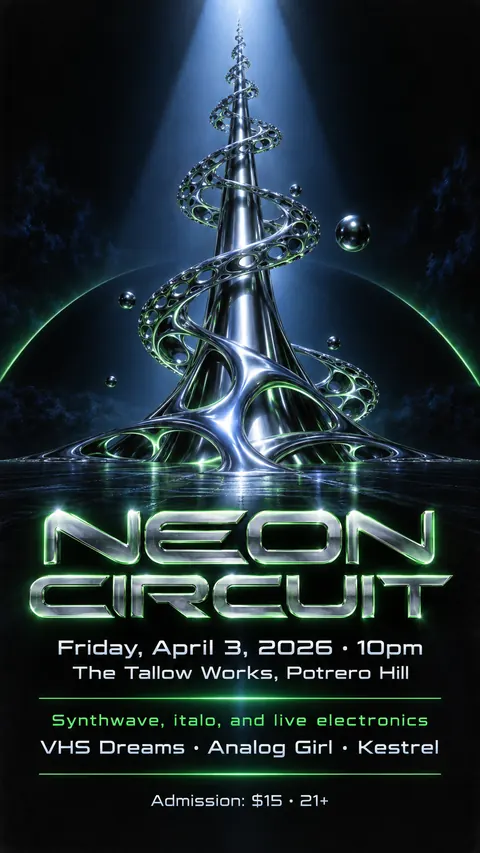 90s Drum and Bass Flyer style social post for a fictional story: Neon Circuit