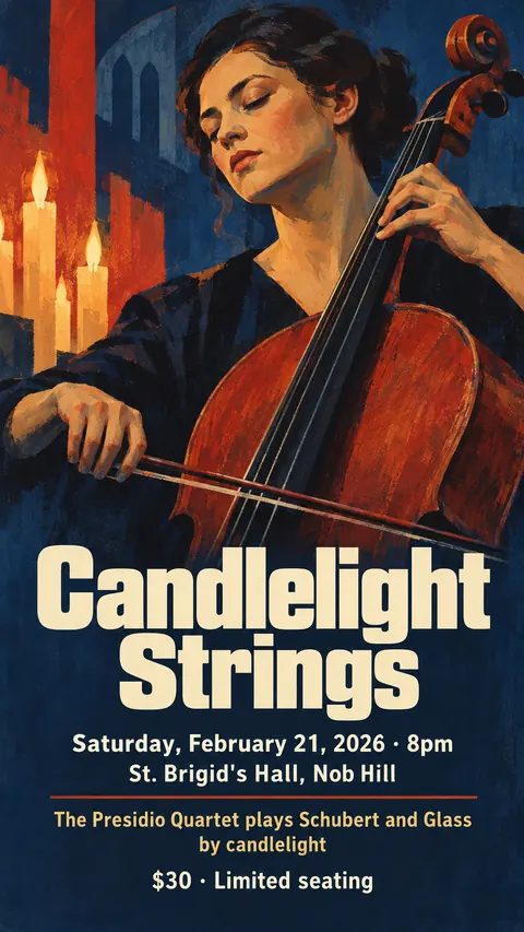 East German DEFA Film Poster style social post for a fictional story: Candlelight Strings