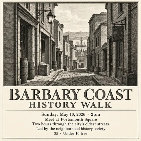 Etching / Engraving style social post for a fictional post: Barbary Coast History Walk