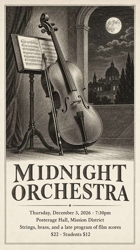 Etching / Engraving style social post for a fictional story: Midnight Orchestra