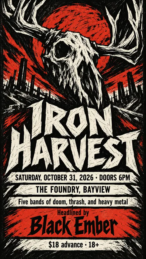 Expressionist Woodcut style social post for a fictional story: Iron Harvest