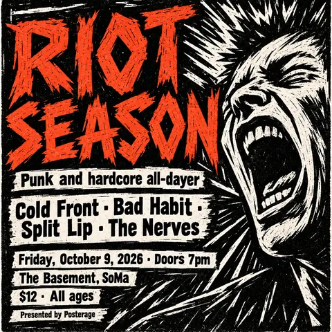 Expressionist Woodcut style social post for a fictional post: Riot Season