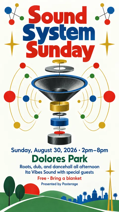 Festival of Britain style social post for a fictional story: Sound System Sunday