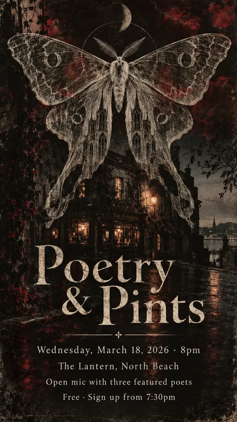 4AD Records style social post for a fictional story: Poetry & Pints