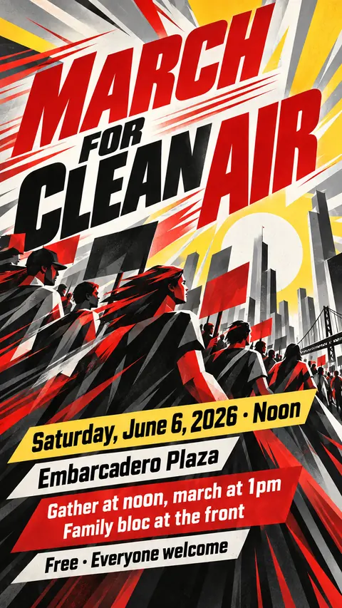 Futurist style social post for a fictional story: March for Clean Air